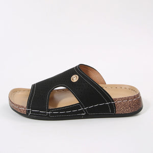 Black perforated PU leather wedge sandals with white stitching and a decorative gold button.