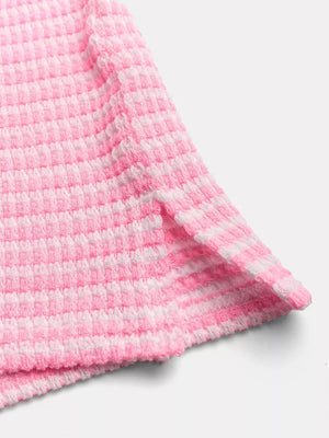 Pink striped maternity wide leg pants with waffle texture detail