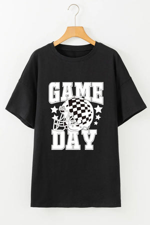 Black graphic tee with checkerboard helmet and GAME DAY text