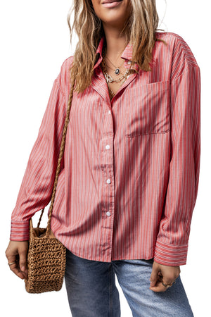 Oversized stripe oxford shirt in Burnt Coral with button front and chest pocket.