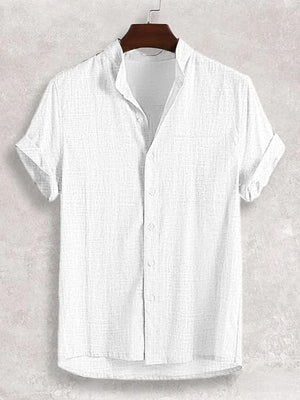 White textured band collar casual shirt with short sleeves and button front.
