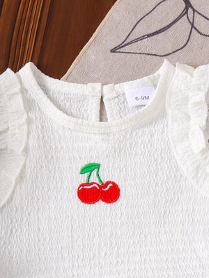 Children's Cherry Embroidered Top And Denim Shorts Set in White, side view