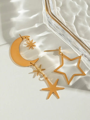 Gold celestial drop earrings with moon and star charms, 18K gold-plated