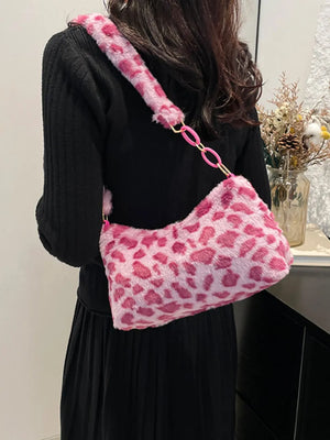 Fuchsia pink leopard print faux fur shoulder bag with chain detail