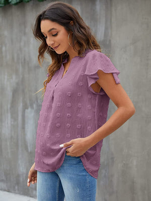 Textured voile blouse in Lilac with flutter sleeves and a V-neck.