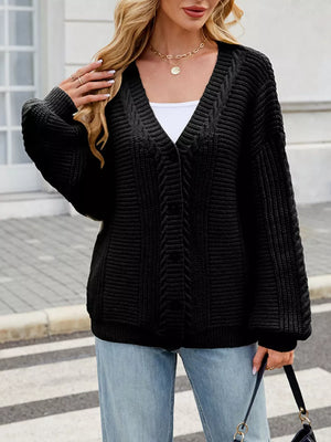 Cable Knit Button-up Cardigan in Black, fit detail