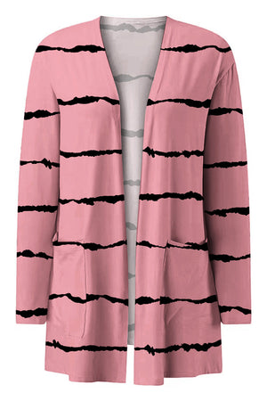 Carnation pink open-front duster cardigan with black stripe pattern and pockets.