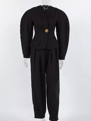 Puffy Sleeve Blazer And Wide-leg Pants Set in Black, alternate angle