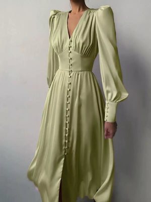 Elegant V-neck Puff Sleeve Button-down Midi Dress in White, view 16