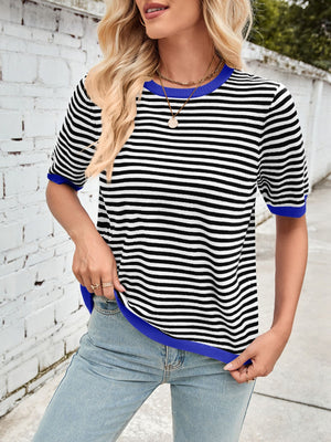 Striped knit tee with blue trim and crew neck