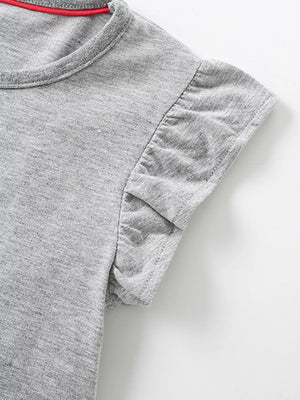 Grey cotton t-shirt with ruffled short sleeves and red trim neckline.