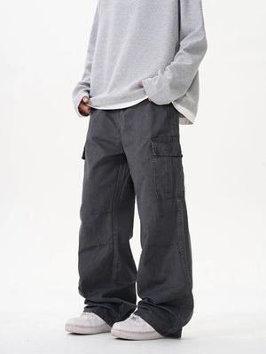Grey cargo pants with versatile pockets and a relaxed fit.
