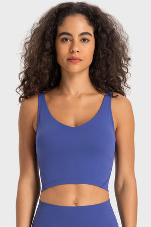 Sculpted Scoop Neck Crop Top in Cobalt Blue with a V-neck and sleeveless design.