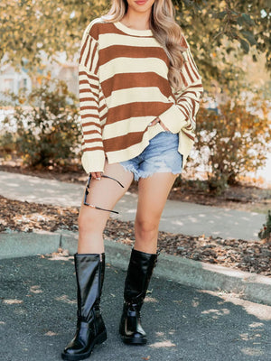 Patchwork drop shoulder sweater in caramel and cream stripes, acrylic fabric, baggy style.