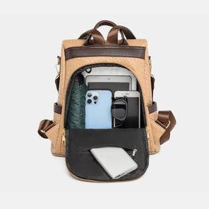 Tan woven faux leather convertible backpack interior with tablet, phones, sunglasses, umbrella, and power bank