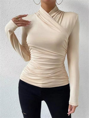 Ruched Long Sleeve Slim Fit Top in Black, model styling view