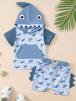 Blue baby shark hoodie set with checkered print shorts and a front pocket.