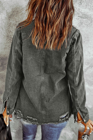 Distressed dark gray denim shirt jacket with raw edges and button cuffs.
