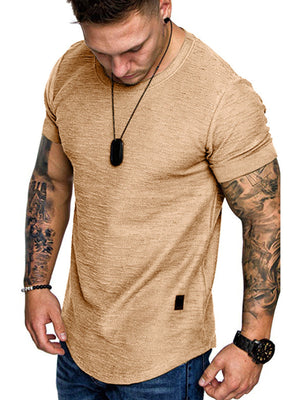 Men's khaki textured slim fit round neck t-shirt with short sleeves.