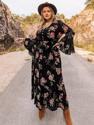 Black floral print viscose maxi dress with bell sleeves and button front