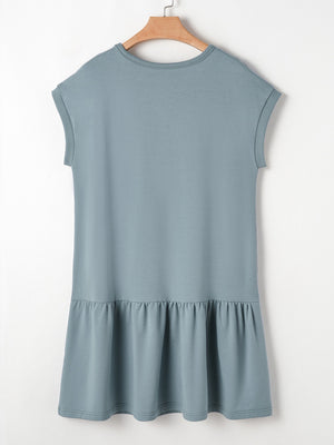 French blue cotton cap sleeve drop waist t-shirt dress with ruffled hem