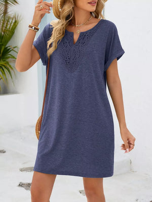 Dusty blue V-neck t-shirt dress with lace yoke detail and short sleeves.