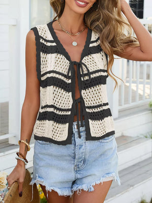 Striped openwork crochet cardigan with tie front and V-neck, cream and black