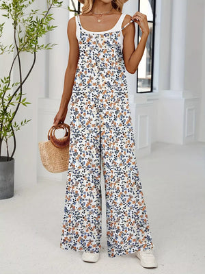 Floral Print Wide Leg Spaghetti Strap Overalls, model styling view