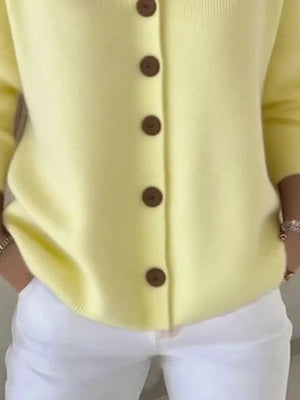 Yellow button-front knit cardigan with brown buttons, acrylic, casual style.