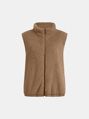Teddy fleece stand-collar vest in camel with a full zip closure.