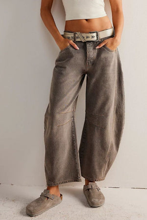 Sculpted denim barrel leg jeans in taupe with button fly and detailed stitching.