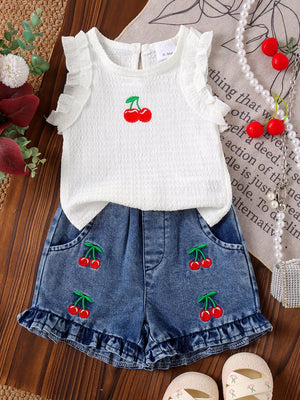 Children's Cherry Embroidered Top And Denim Shorts Set in White, front view