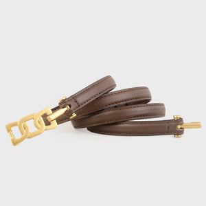Brown leather belt with brushed gold chain-link buckle detail