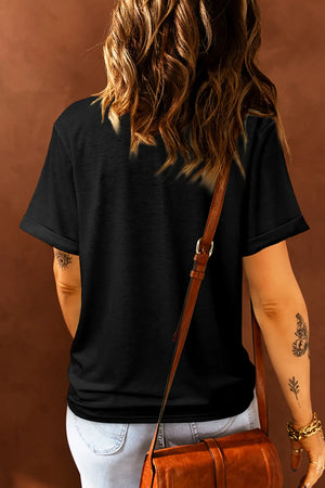 Black cotton tee with cuffed short sleeves and sequin "Thankful" appliqué detail.