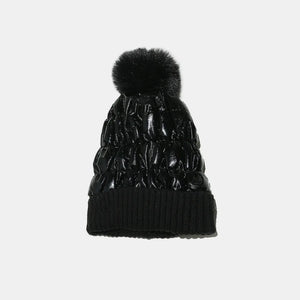 Black metallic padded beanie with faux fur pom and ribbed cuff