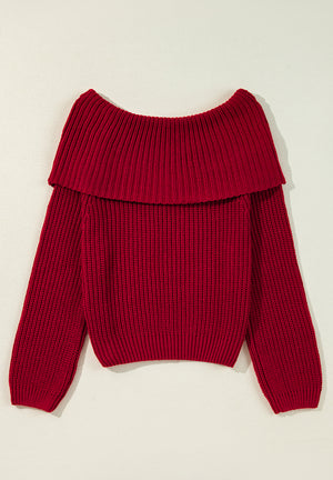 Deep red acrylic off-the-shoulder sweater with a ribbed neckline and long sleeves.