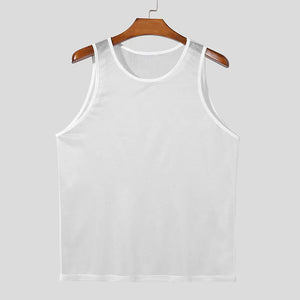 White mesh tank top with round neckline and sleeveless cut.