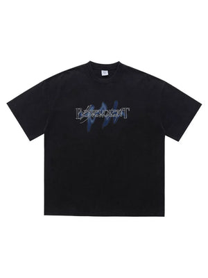 Crew-neck Graphic Oversized Vintage Top in Washed Black, model styling view