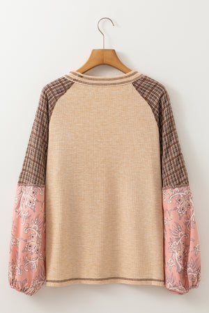 Paisley Puff Sleeve Raglan Tee in Dusty Pink with plaid sleeves and ribbed knit body.