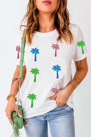 White crewneck tee with glitter palm tree print in pink, blue, and green.