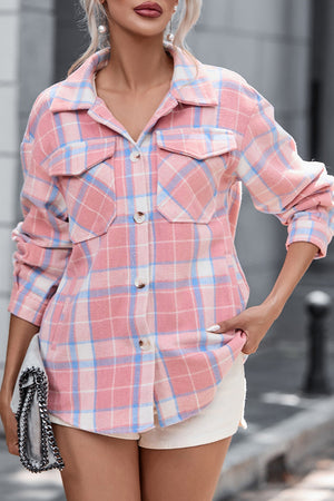 Chic checkered collar jacket in blush pink with buttoned pockets and cuffs.