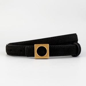Black cowhide leather belt with square gold buckle