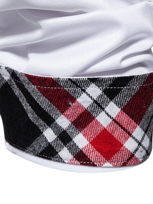 White cotton shirt with plaid trim detail on collar and cuff