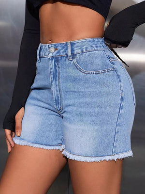 Button-down Denim High-waisted Frayed Hem Denim Shorts in Blue, close-up detail