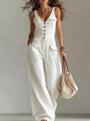 Button-front Denim Wide-leg Jumpsuit in Black, front view