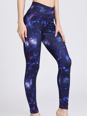 Navy cosmic print contour leggings with piping detail