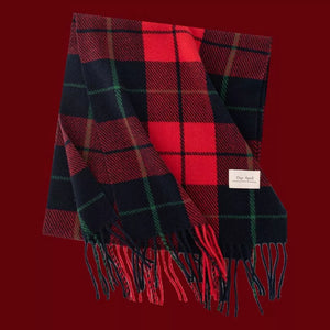 Red, navy, and green plaid scarf with fringe details.
