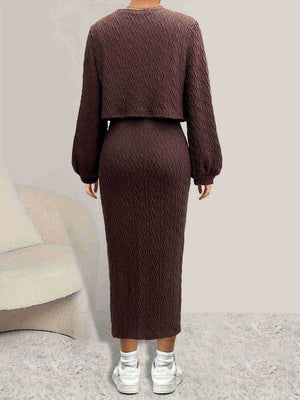 Brown textured midi dress and cropped cardigan set with balloon sleeves