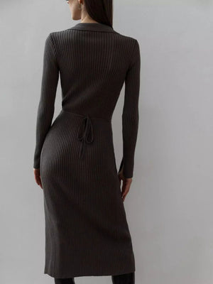 Wrap-front ribbed knit midi dress in Dust Storm with long sleeves and tie waist.