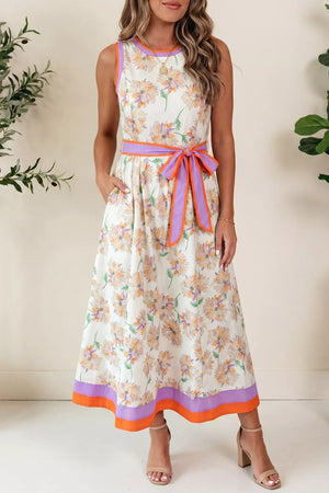 Floral print sleeveless midi dress with purple and orange trim and belt